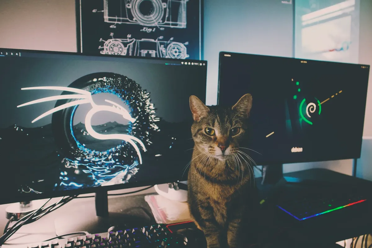 A chocolate gray tabby cat sits on a table in front of a computer monitor demanding attention from her human